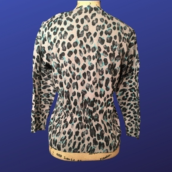 New York & Company NWT Spring Summer Cardigan, Turquoise/Black LEOPARD, XL - Picture 2 of 8